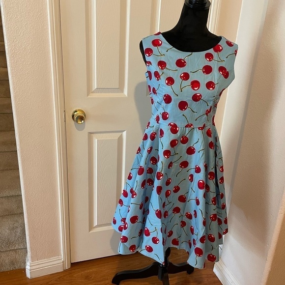 NWT womens PIN-UP BLUE DRESS WITH RED CHERRYS style dress SIZE MEDIUM - Picture 5 of 6